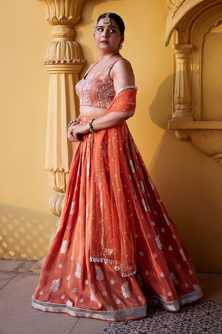 Shop Chamee And Palak Orange Silk, Net, Jacquard Beads, Zari Floral Pattern Jamewar Bridal Skirt Set Online at Aza Fashions Shop_Chamee And Palak_Orange Silk, Net, Jacquard Beads, Zari Floral Pattern Jamewar Bridal Skirt Set _Online_at_Aza_Fashions