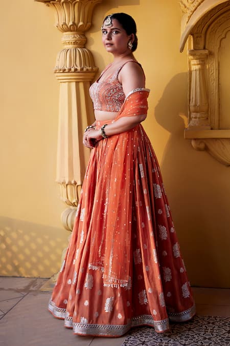 Chamee And Palak Orange Silk, Net, Jacquard Beads, Zari Floral Pattern Jamewar Bridal Skirt Set at Aza Fashions Chamee And Palak_Orange Silk, Net, Jacquard Beads, Zari Floral Pattern Jamewar Bridal Skirt Set _at_Aza_Fashions