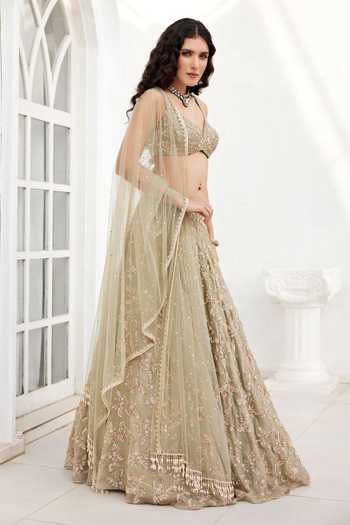 Buy_Chamee & Palak_Green Silk, Organza, Net Embroidery, Pearls, Beads Serena Floral Lehenga Set _Online_at_Aza_Fashions