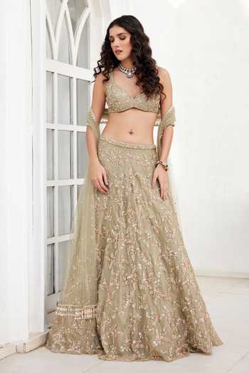 Chamee & Palak_Green Silk, Organza, Net Embroidery, Pearls, Beads Serena Floral Lehenga Set _at_Aza_Fashions