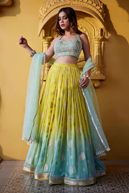 Chamee and Palak Embroidered Blouse Shaded Jamewar Bridal Skirt Set 