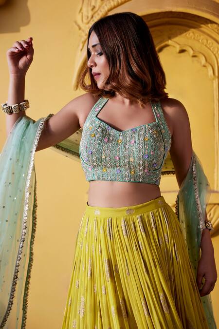 Buy_Chamee And Palak_Green Silk, Net, Georgette Embroidered Blouse Shaded Jamewar Bridal Skirt Set_Online_at_Aza_Fashions