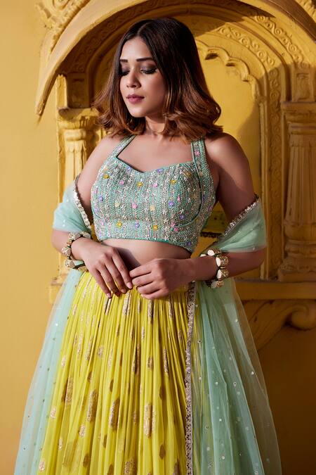 Chamee And Palak_Green Silk, Net, Georgette Embroidered Blouse Shaded Jamewar Bridal Skirt Set_at_Aza_Fashions