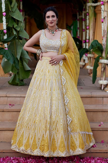 Buy Yellow Lehenga And Blouse Chanderi Embroidered Mirror & Bridal Set For  Women by Abhinav Mishra Online at Aza Fashions.