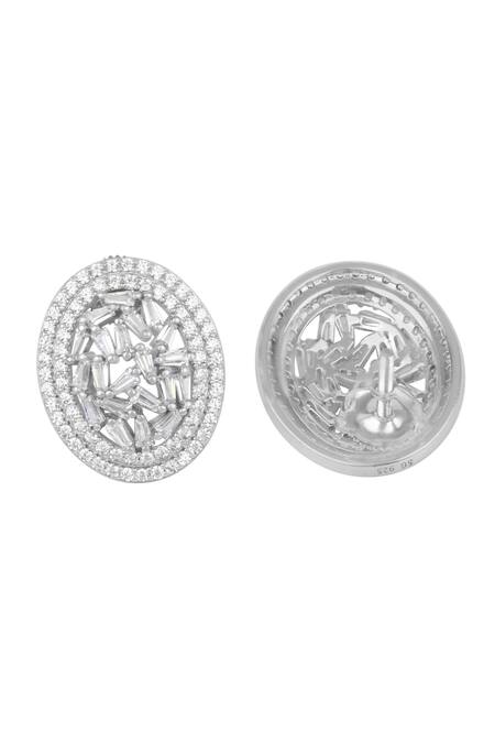 Shop_Sangeeta Boochra_Silver Plated Crystals Jasmine Stone Encrusted Oval Studs _Online_at_Aza_Fashions