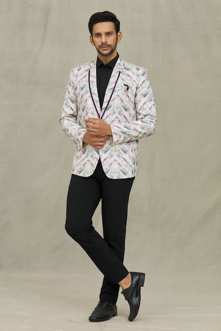 Shop_Arihant Rai Sinha_Cream Cotton Chevron Print Blazer _Online_at_Aza_Fashions
