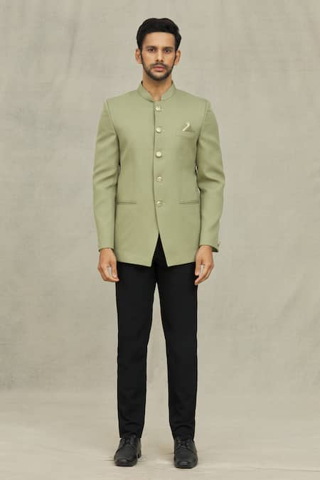 Arihant Rai Sinha_Green Terrycloth Full Sleeve Bandhgala _Online_at_Aza_Fashions