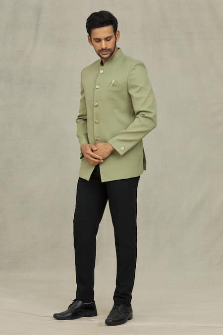 Shop_Arihant Rai Sinha_Green Terrycloth Full Sleeve Bandhgala _Online_at_Aza_Fashions