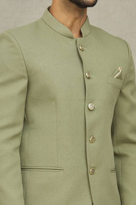 Arihant Rai Sinha_Green Terrycloth Full Sleeve Bandhgala _at_Aza_Fashions
