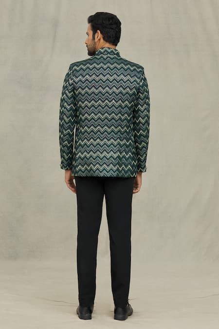 Shop_Arihant Rai Sinha_Green Terrycloth Sequins, Embroidery Chevron Bandhgala _at_Aza_Fashions