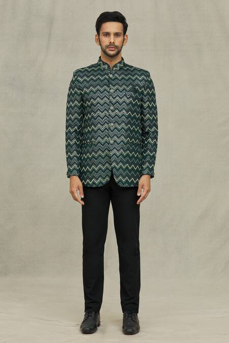 Arihant Rai Sinha_Green Terrycloth Sequins, Embroidery Chevron Bandhgala _Online_at_Aza_Fashions