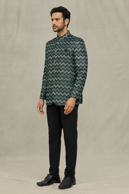 Buy_Arihant Rai Sinha_Green Terrycloth Sequins, Embroidery Chevron Bandhgala _Online_at_Aza_Fashions