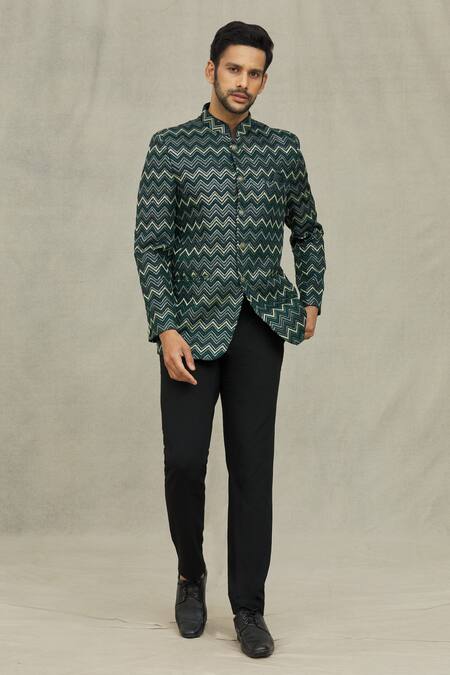 Shop_Arihant Rai Sinha_Green Terrycloth Sequins, Embroidery Chevron Bandhgala _Online_at_Aza_Fashions