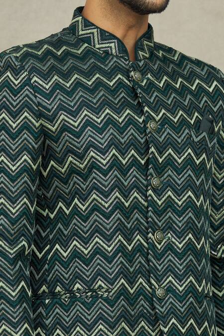 Arihant Rai Sinha_Green Terrycloth Sequins, Embroidery Chevron Bandhgala _at_Aza_Fashions