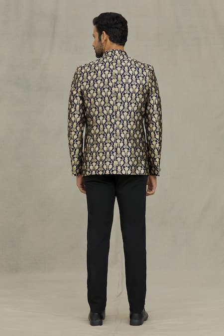 Shop_Arihant Rai Sinha_Blue Jacquard Embroidery Floral Woven Bandhgala _at_Aza_Fashions