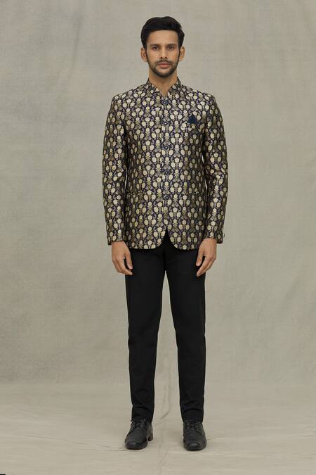 Arihant Rai Sinha_Blue Jacquard Embroidery Floral Woven Bandhgala _Online_at_Aza_Fashions