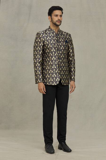 Buy_Arihant Rai Sinha_Blue Jacquard Embroidery Floral Woven Bandhgala _Online_at_Aza_Fashions