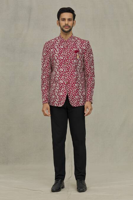 Arihant Rai Sinha Maroon Silk Sequins, Embroidery Floral Bandhgala Online at Aza Fashions Arihant Rai Sinha_Maroon Silk Sequins, Embroidery Floral Bandhgala _Online_at_Aza_Fashions