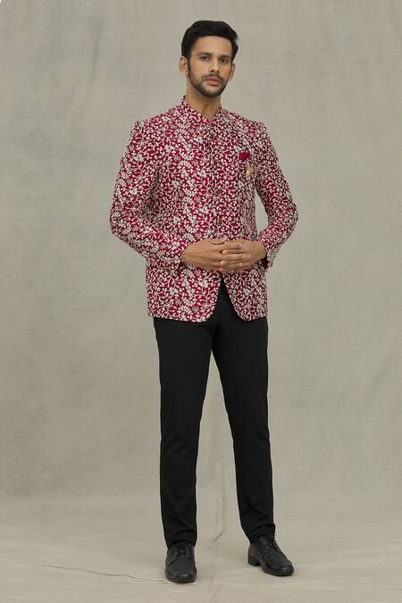 Shop Arihant Rai Sinha Maroon Silk Sequins, Embroidery Floral Bandhgala Online at Aza Fashions Shop_Arihant Rai Sinha_Maroon Silk Sequins, Embroidery Floral Bandhgala _Online_at_Aza_Fashions