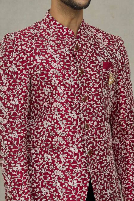 Arihant Rai Sinha Maroon Silk Sequins, Embroidery Floral Bandhgala at Aza Fashions Arihant Rai Sinha_Maroon Silk Sequins, Embroidery Floral Bandhgala _at_Aza_Fashions