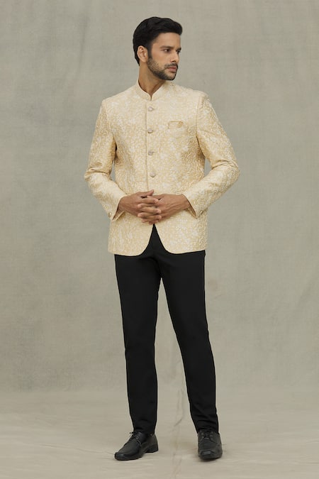 Buy_Arihant Rai Sinha_Gold Silk Sequins, Embroidery Flower Bandhgala _Online_at_Aza_Fashions