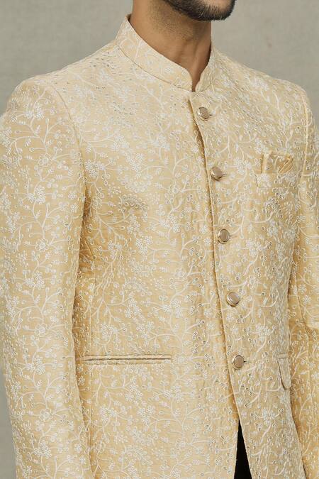 Arihant Rai Sinha_Gold Silk Sequins, Embroidery Flower Bandhgala _at_Aza_Fashions