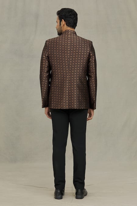 Shop_Arihant Rai Sinha_Black Jacquard Embroidery Geometric Woven Bandhgala _at_Aza_Fashions
