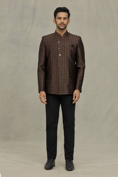 Arihant Rai Sinha_Black Jacquard Embroidery Geometric Woven Bandhgala _Online_at_Aza_Fashions