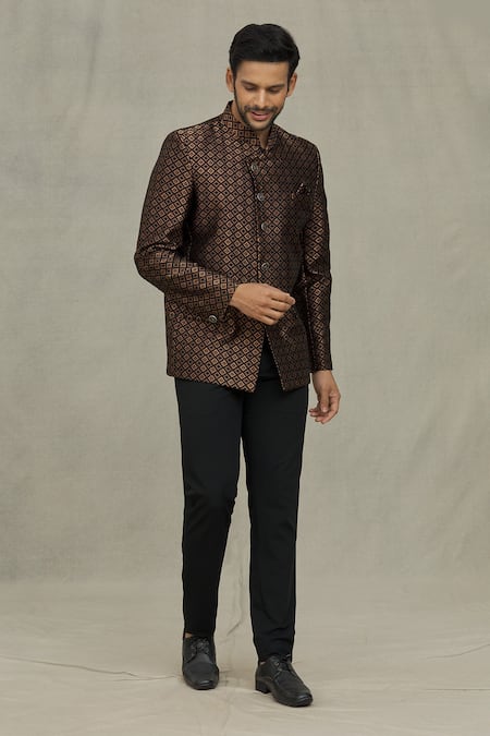 Buy_Arihant Rai Sinha_Black Jacquard Embroidery Geometric Woven Bandhgala _Online_at_Aza_Fashions