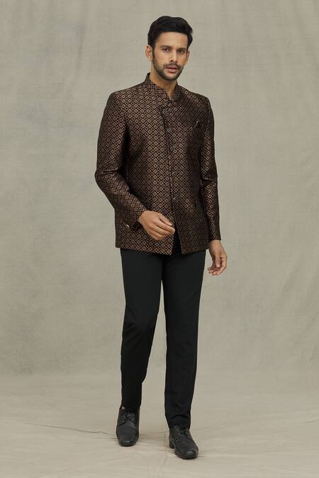 Shop_Arihant Rai Sinha_Black Jacquard Embroidery Geometric Woven Bandhgala _Online_at_Aza_Fashions