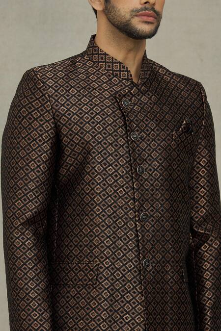 Arihant Rai Sinha_Black Jacquard Embroidery Geometric Woven Bandhgala _at_Aza_Fashions