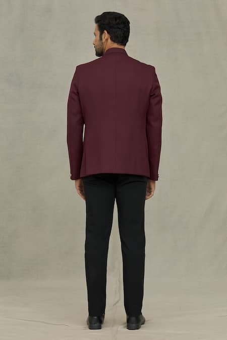 Shop_Arihant Rai Sinha_Maroon Terrycloth Full Sleeve Plain Bandhgala _at_Aza_Fashions