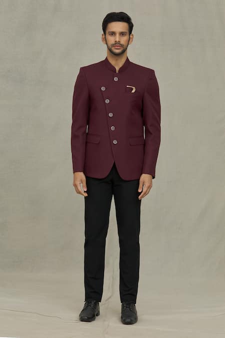 Arihant Rai Sinha_Maroon Terrycloth Full Sleeve Plain Bandhgala _Online_at_Aza_Fashions