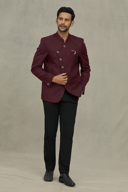 Shop_Arihant Rai Sinha_Maroon Terrycloth Full Sleeve Plain Bandhgala _Online_at_Aza_Fashions