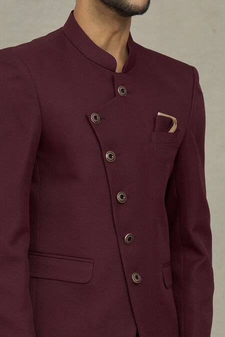 Arihant Rai Sinha_Maroon Terrycloth Full Sleeve Plain Bandhgala _at_Aza_Fashions