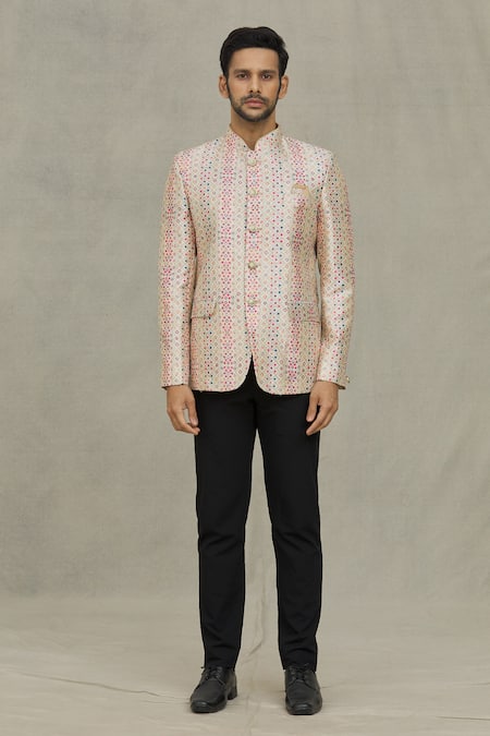 Arihant Rai Sinha_Cream Silk Sequins, Embroidery Diamond Woven Bandhgala _Online_at_Aza_Fashions