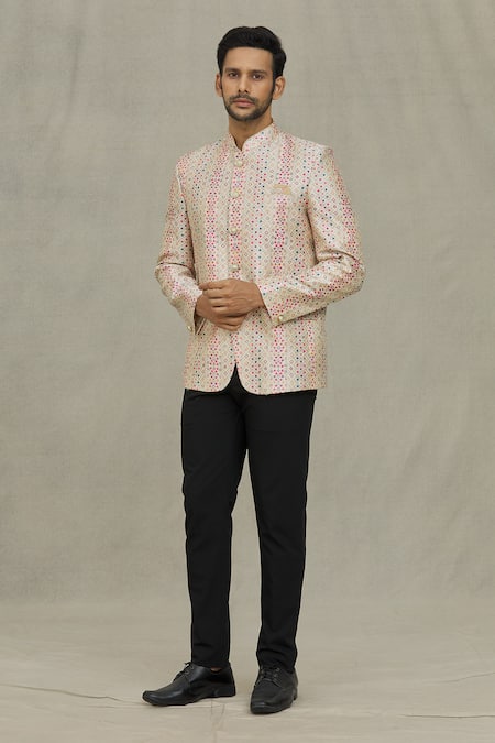 Buy_Arihant Rai Sinha_Cream Silk Sequins, Embroidery Diamond Woven Bandhgala _Online_at_Aza_Fashions