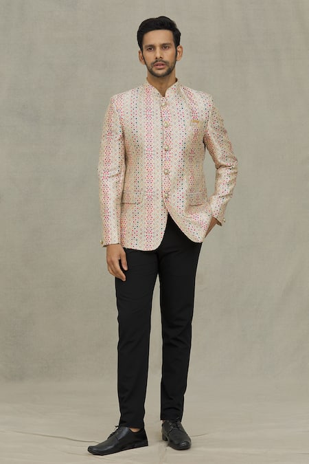 Shop_Arihant Rai Sinha_Cream Silk Sequins, Embroidery Diamond Woven Bandhgala _Online_at_Aza_Fashions