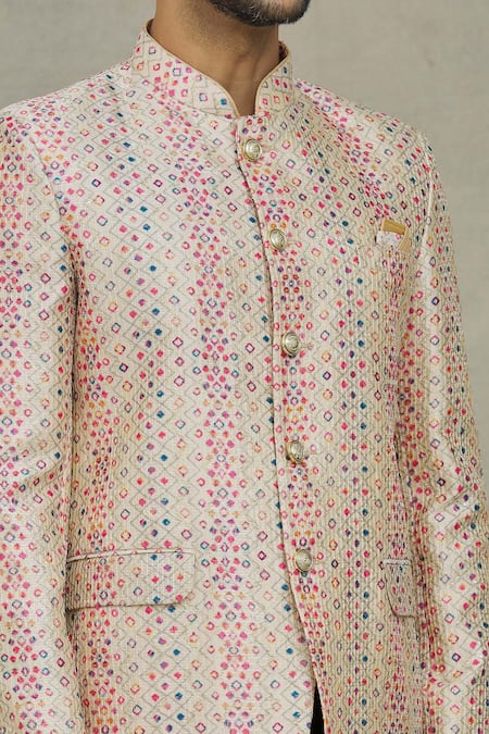 Arihant Rai Sinha_Cream Silk Sequins, Embroidery Diamond Woven Bandhgala _at_Aza_Fashions