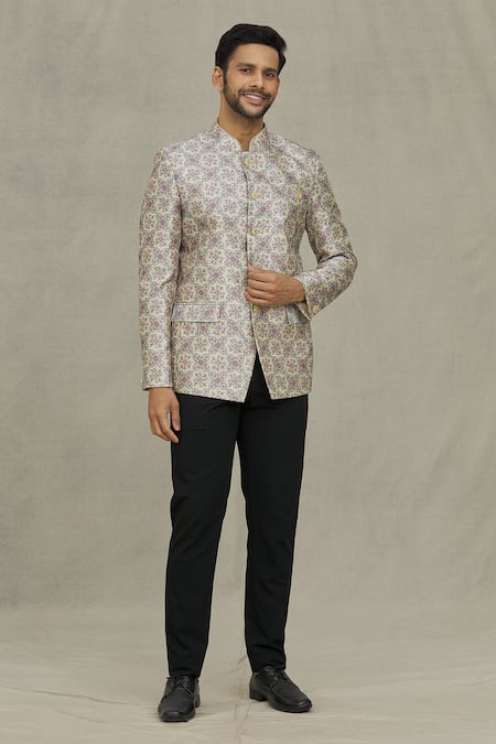 Shop_Arihant Rai Sinha_Cream Silk Sequins, Embroidery Florette Woven Bandhgala _Online_at_Aza_Fashions