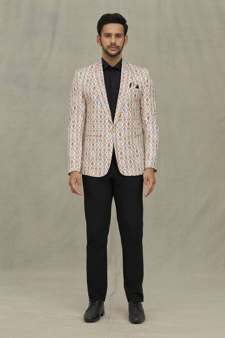 Arihant Rai Sinha Cream Cotton Embroidery Flower Print Blazer at Aza Fashions Arihant Rai Sinha_Cream Cotton Embroidery Flower Print Blazer _at_Aza_Fashions