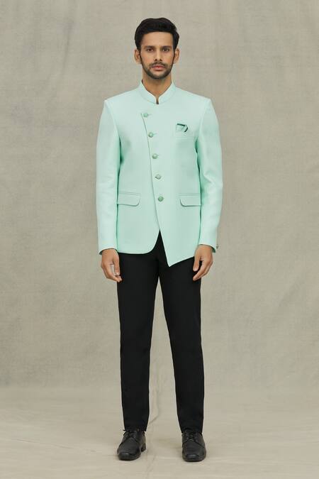 Arihant Rai Sinha_Green Terrycloth Plain Straight Bandhgala _Online_at_Aza_Fashions