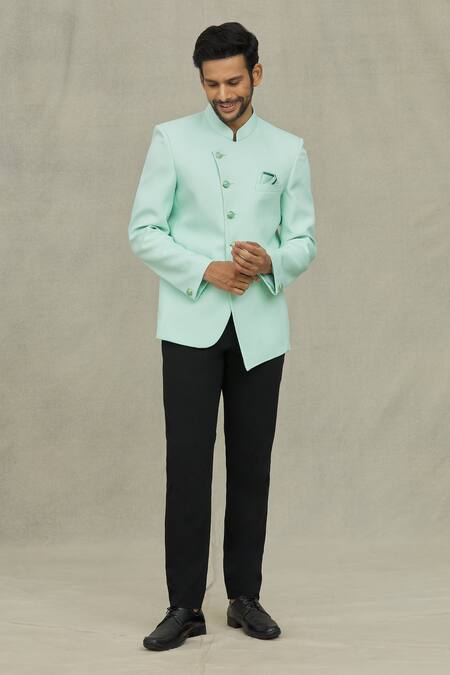 Shop_Arihant Rai Sinha_Green Terrycloth Plain Straight Bandhgala _Online_at_Aza_Fashions