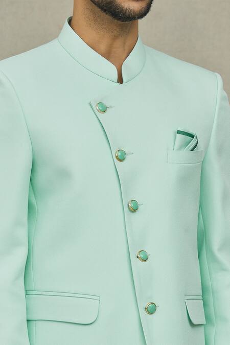 Arihant Rai Sinha_Green Terrycloth Plain Straight Bandhgala _at_Aza_Fashions