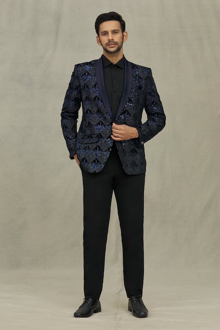 Aryavir Malhotra Blue Velvet Embroidery Thread Sequin Blazer 