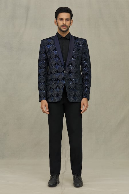 Arihant Rai Sinha_Blue Velvet Sequins, Embroidery Blazer _Online_at_Aza_Fashions