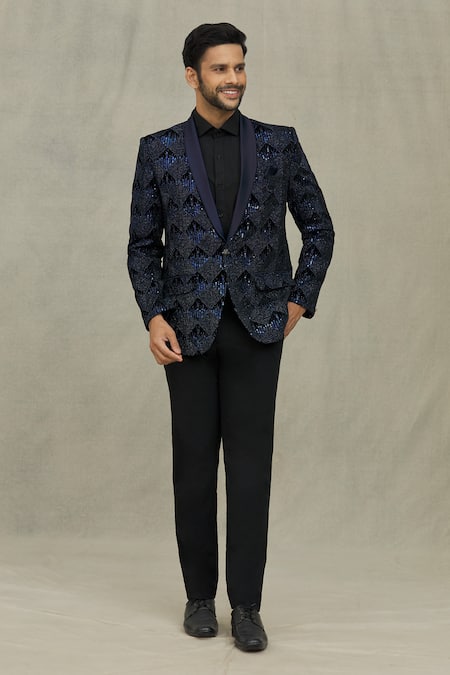 Buy_Arihant Rai Sinha_Blue Velvet Sequins, Embroidery Blazer _Online_at_Aza_Fashions