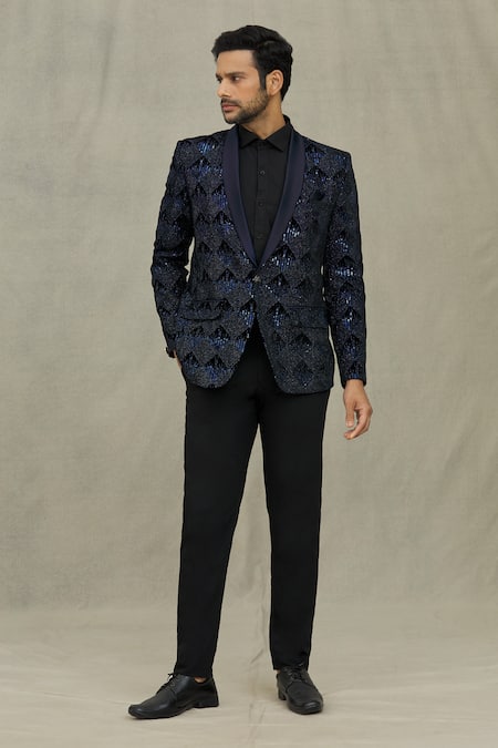 Shop_Arihant Rai Sinha_Blue Velvet Sequins, Embroidery Blazer _Online_at_Aza_Fashions