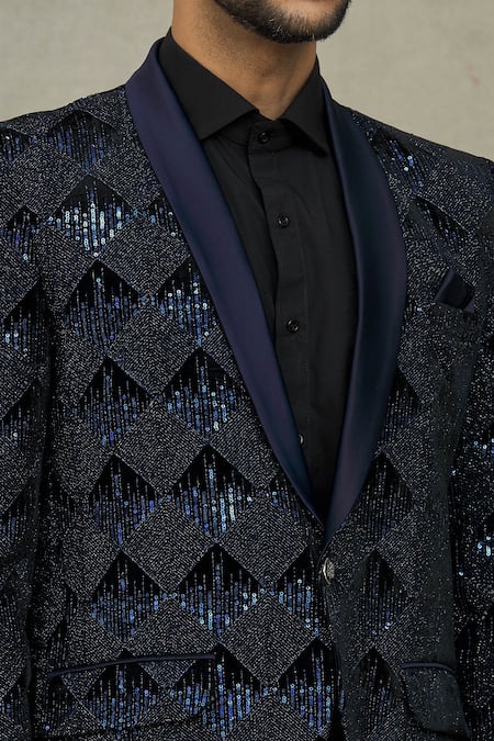 Arihant Rai Sinha_Blue Velvet Sequins, Embroidery Blazer _at_Aza_Fashions