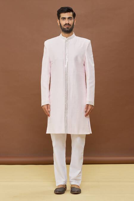 Arihant Rai Sinha_Pink Silk, Cotton Mirrors Work Placket Sherwani Set_Online_at_Aza_Fashions